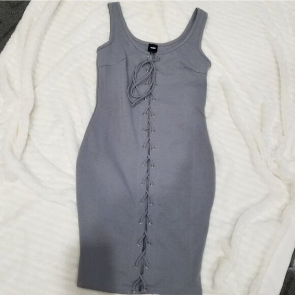 Gray Mini Dress with Lace up Front - Picture 2 of 4